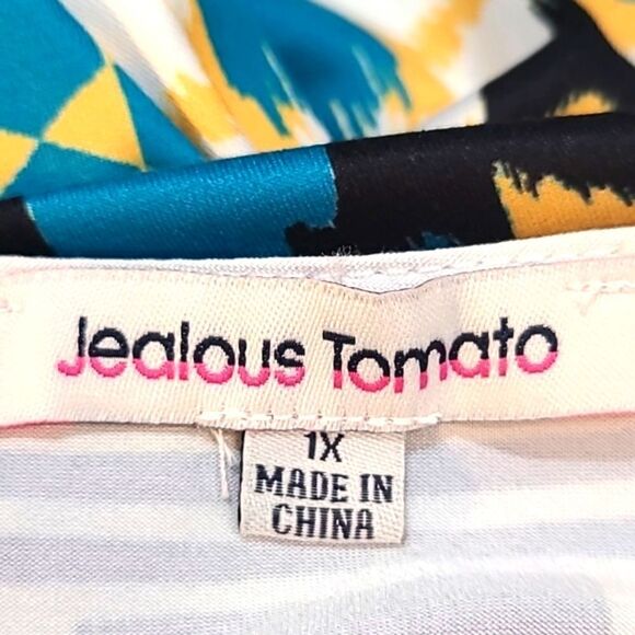 Jealous Tomato Colorful Printed Shift Dress with Bow Below Chest, Size 1X - Picture 9 of 10